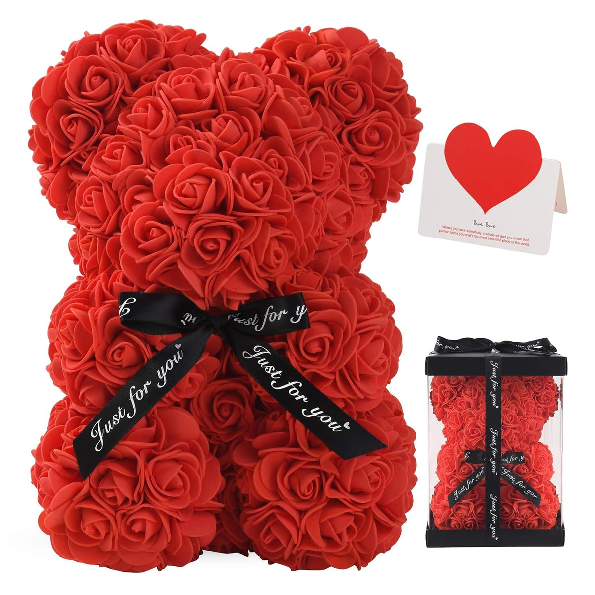 Linklo Rose Bear Rose Teddy Bear -10 Inch Artificial Rose Flower Bear, Gift For Wedding, Mothers Day And Anniversary, Including Transparent Gift Box(Red)