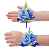 Rose Flower Wrist Corsage And Boutonnieres Set, Bride Artificial Flower Bracelets Boutonnieres For Men For Wedding Ceremony Prom Party Anniversary, Blue
