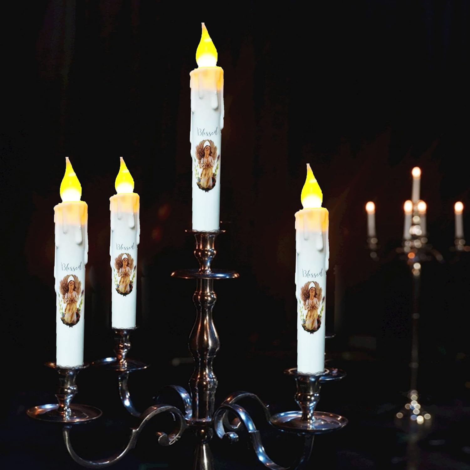 Primitive Battery Tapered Candles Flickering,Decorative Flameless Taper Candles With Timer,6.75Inch Girl Blessed Led Candlestic,Dripless Taper Candle Flame Halloween Christmas Home Decor