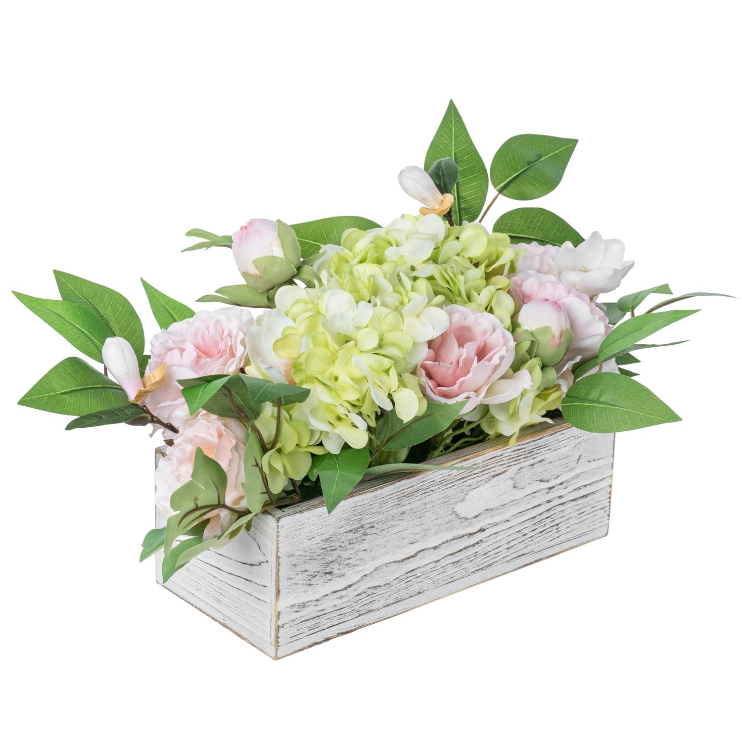 MyGift Artificial Floral Arrangement with Faux Pink Peonies, Green Hydrangea and Foliage in White Washed Solid Wood Planter Box, Tabletop Flower Centerpiece for Home Decor, Wedding, Events