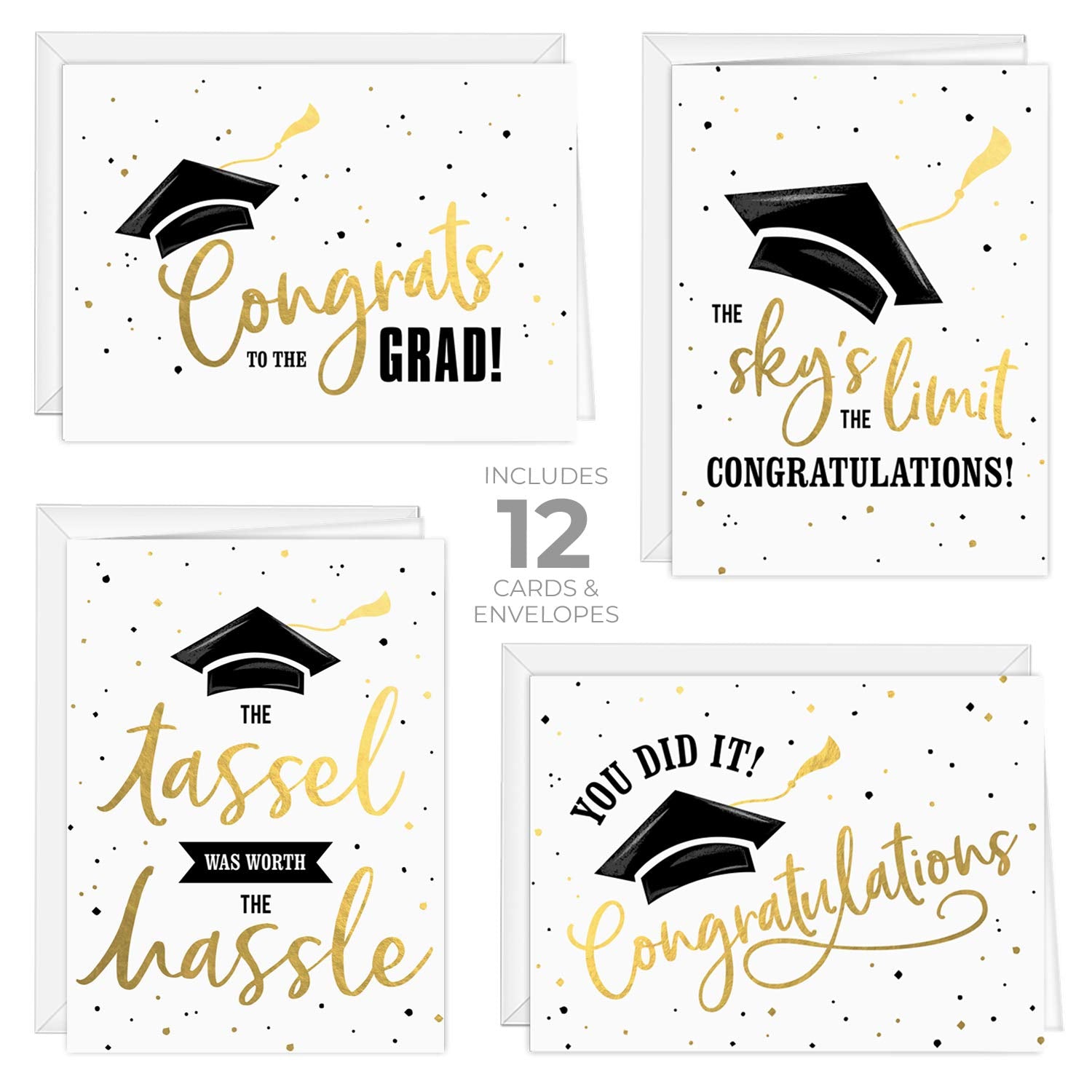 Graduation Cards / 12 Black And Matte Gold Cards With White Envelopes / 4 Black And Faux Gold Graduate Designs / 4 5/8" X 6 1/4" Congrats Grad Greeting Cards/Made In The Usa
