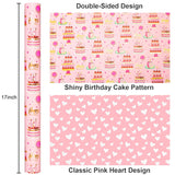 Girls Birthday Wrapping Paper Roll, Pink Gift Wrapping Paper,Metallic Foil Pink Cartoon-Style Birthday Cakes Gift Wrap For Kid Party,Baby Shower,Wedding, Holiday,Christmas(17 Inch X 33 Feet)