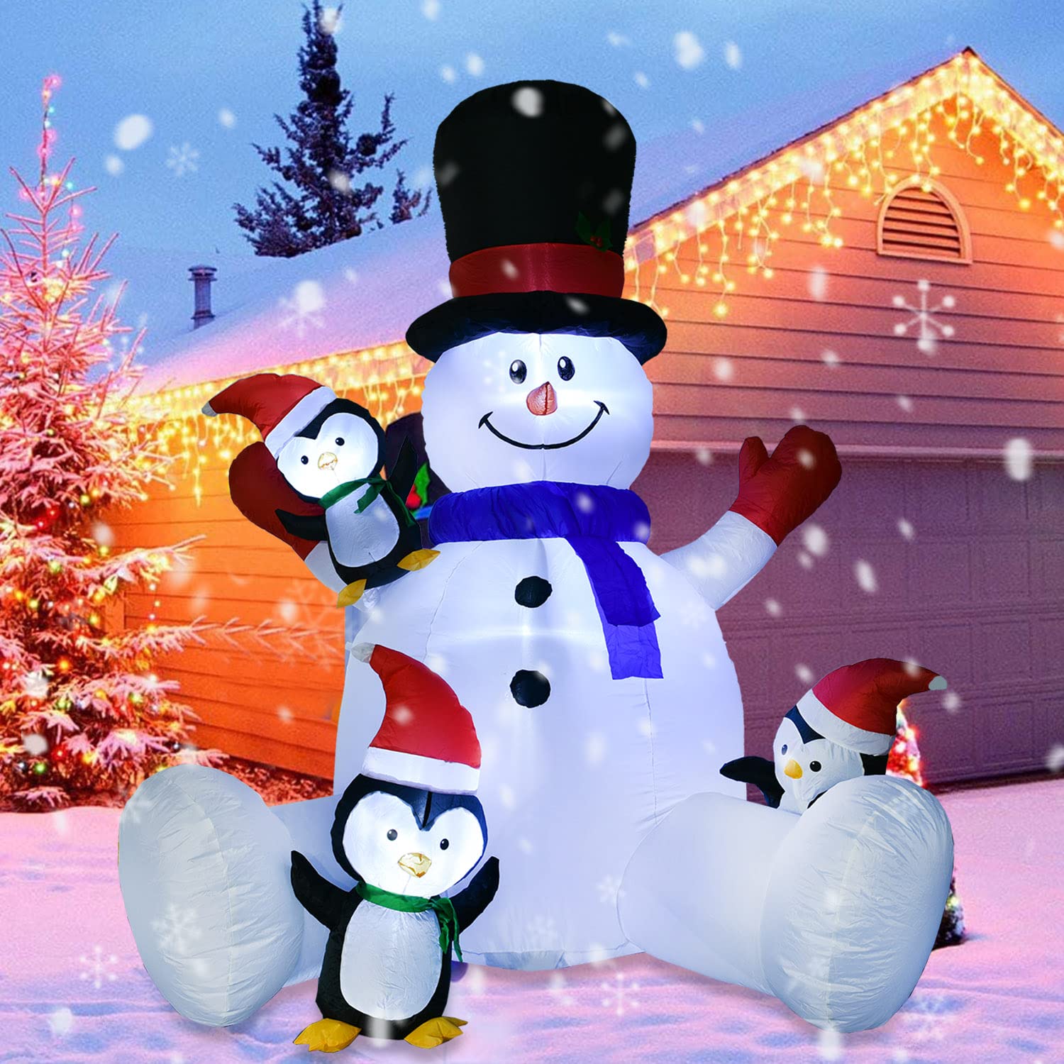 7Ft Lighted Christmas Inflatable Snowman With Three Cute Penguins, Building 3 Led Lights Outdoor Indoor Holiday Decorati