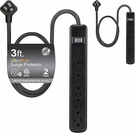 2 Pack Surge Protector Power Strip 6 Outlets 3FT Flat Plug Braided Extension Cord 450J Black