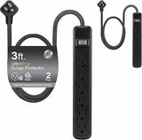 2 Pack Surge Protector Power Strip 6 Outlets 3FT Flat Plug Braided Extension Cord 450J Black