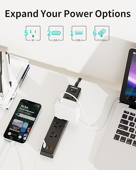 Surge Protector Power Strip 6FT Flat Plug Extension Cord with 5 Outlets 4 USB Ports 2 USB C 1700J