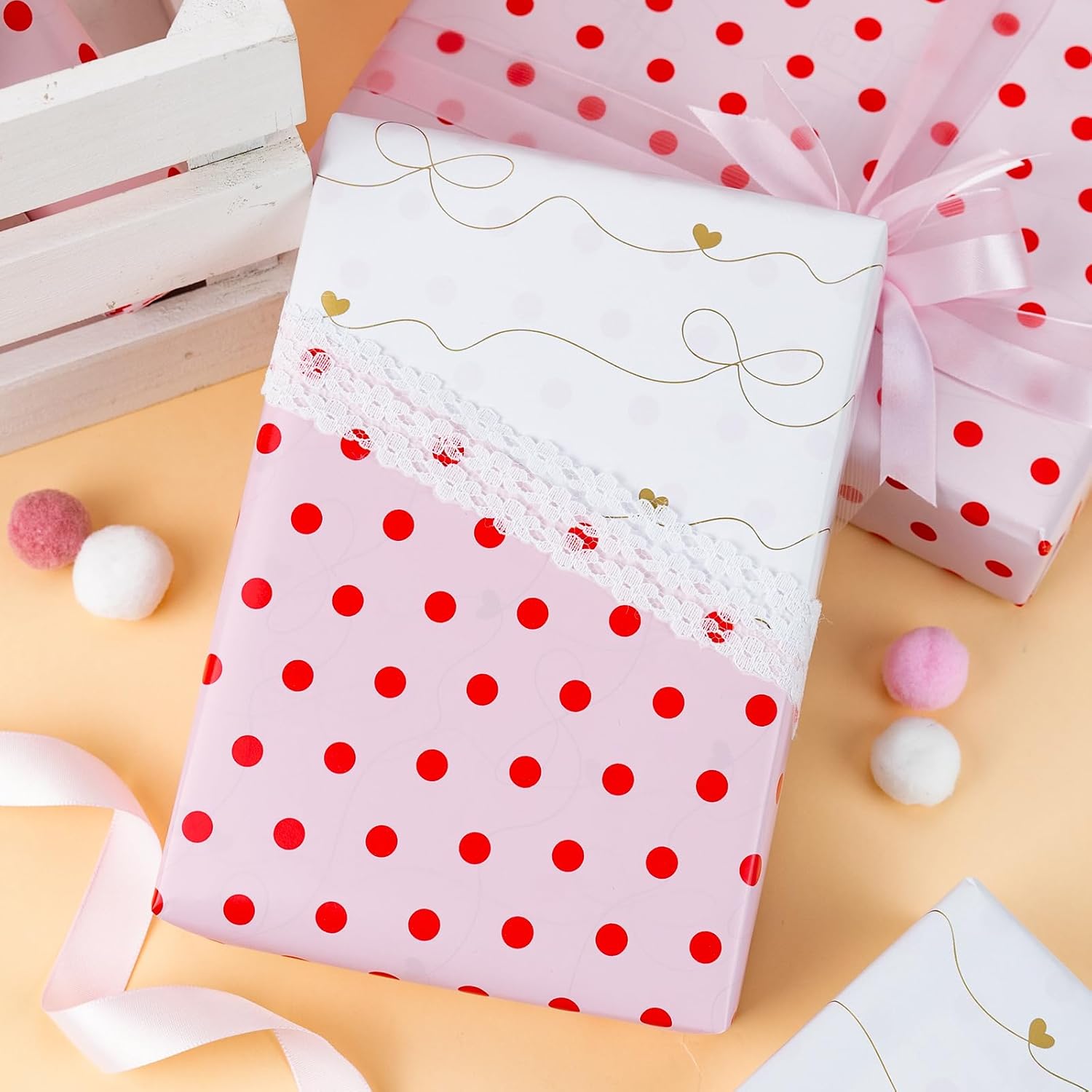 Red Polka Dot Wrapping Paper,Reversible Pink Gold Elegant Bow & Heart Gift Wrap Suitable For Birthday,Girls,Baby Shower,Wedding (17 Inch X 32.8 Feet)