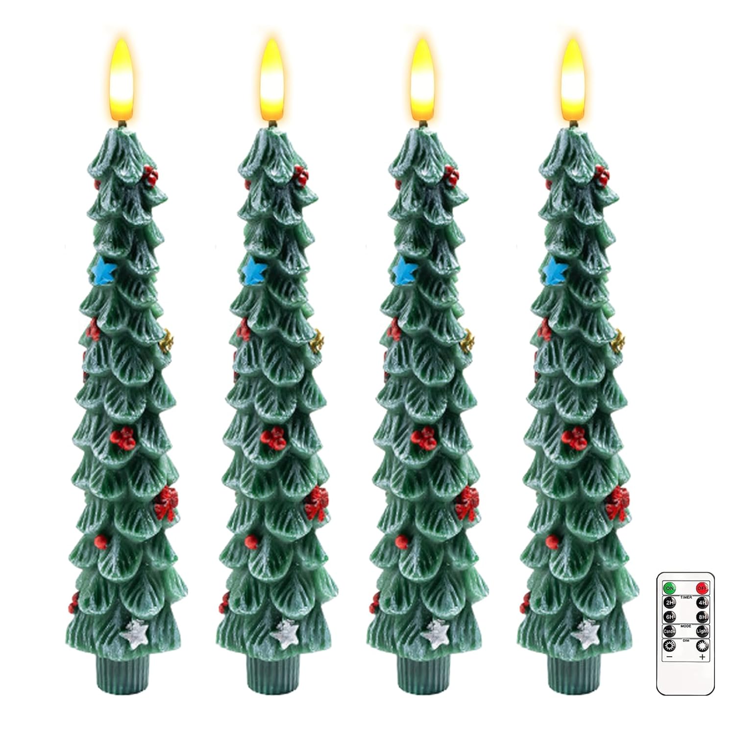 Christmas Flameless Candles Set Of 4, Flickering Christmas Tree Taper Candles With Remote & Timer, Dimmable Real Wax Electric Candles Battery Operated, Led Candlesticks For Home Xmas Decor (Green)