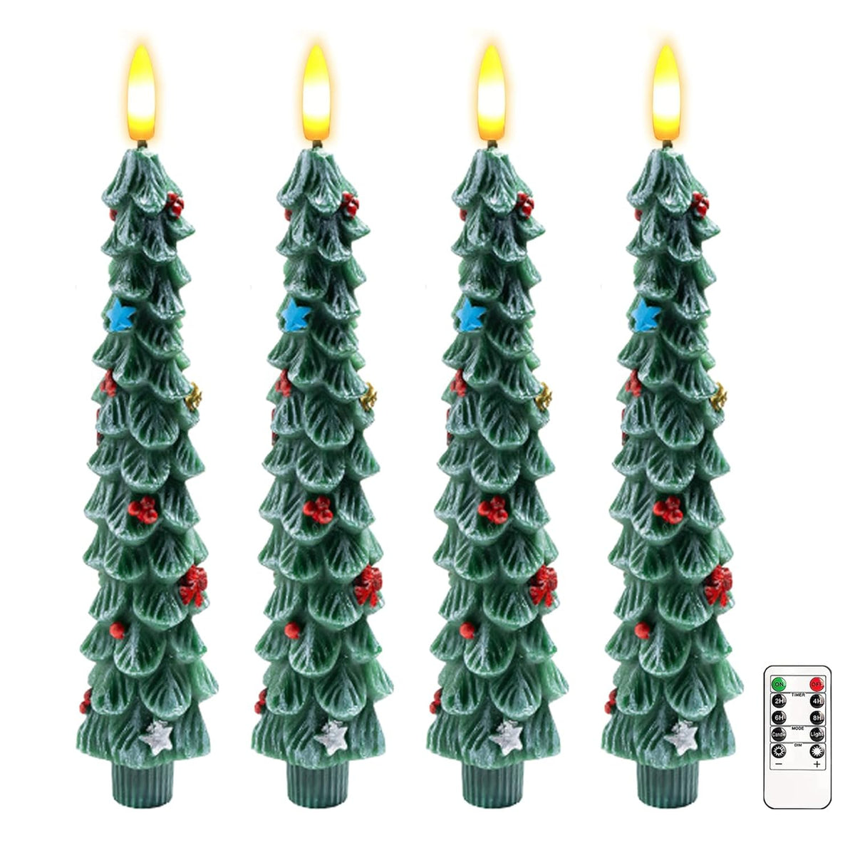 Christmas Flameless Candles Set Of 4, Flickering Christmas Tree Taper Candles With Remote & Timer, Dimmable Real Wax Electric Candles Battery Operated, Led Candlesticks For Home Xmas Decor (Green)