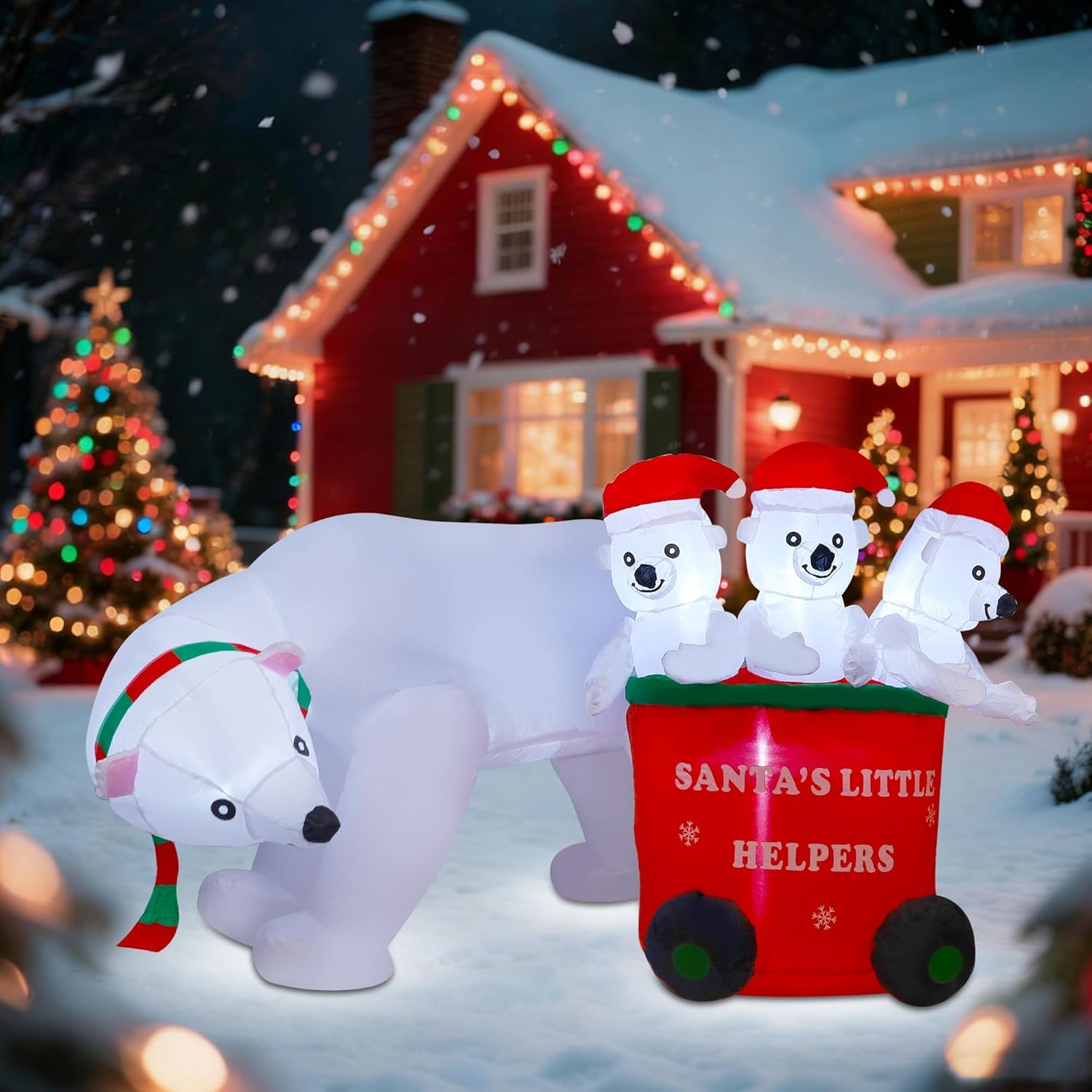 7 Ft Christmas Inflatables Polar Bear With Santa Hat, Christmas Bear Blow Up Outdoor Decorations For Lawn Garden Yard Xm