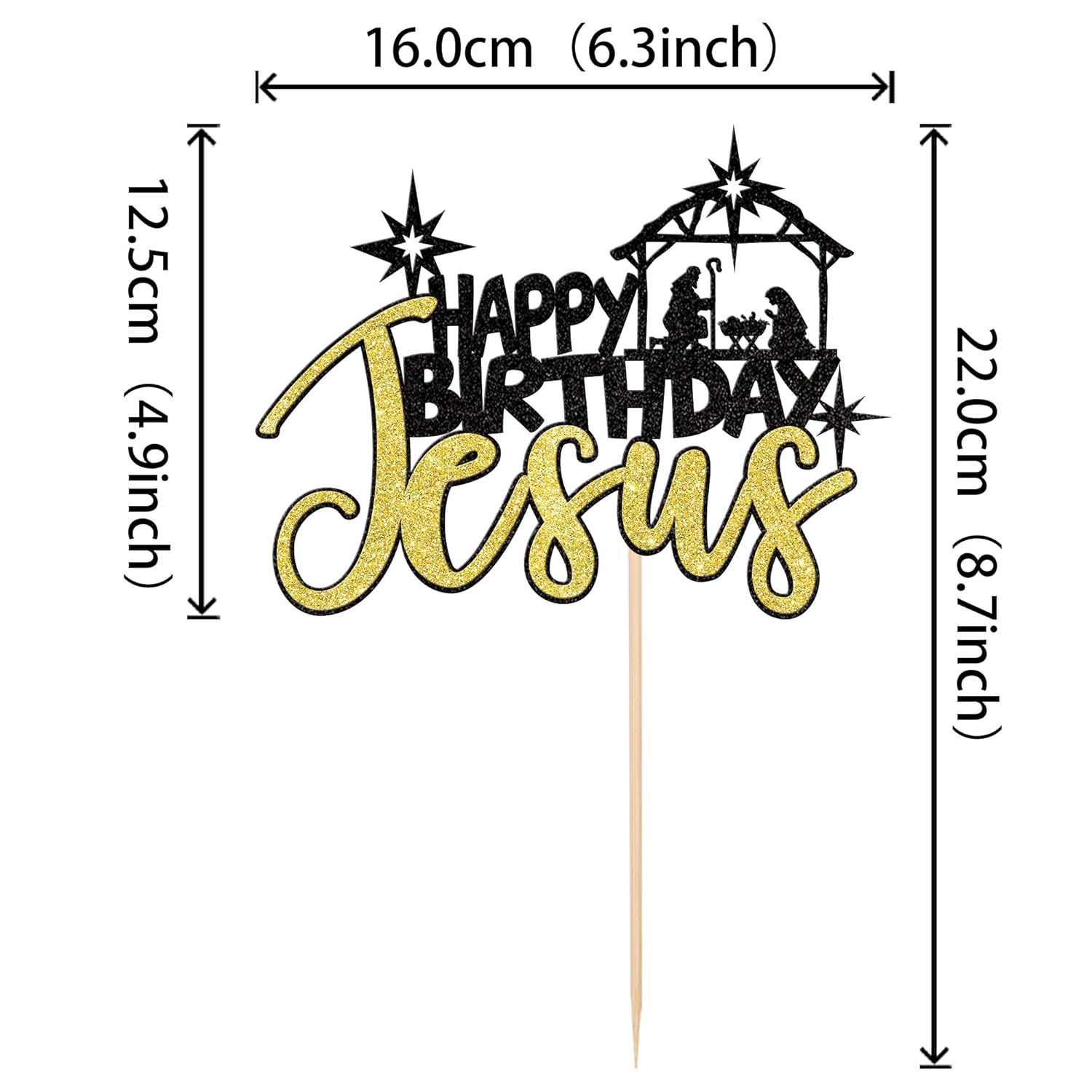 1 Pcs Happy Birthday Jesus Cake Topper Glitter Merry Christmas Nativity Jesus Birthday Cake Pick For Nativity Scene Theme Christmas Jesus Birthday Party Cake Decorations Supplies Black Gold