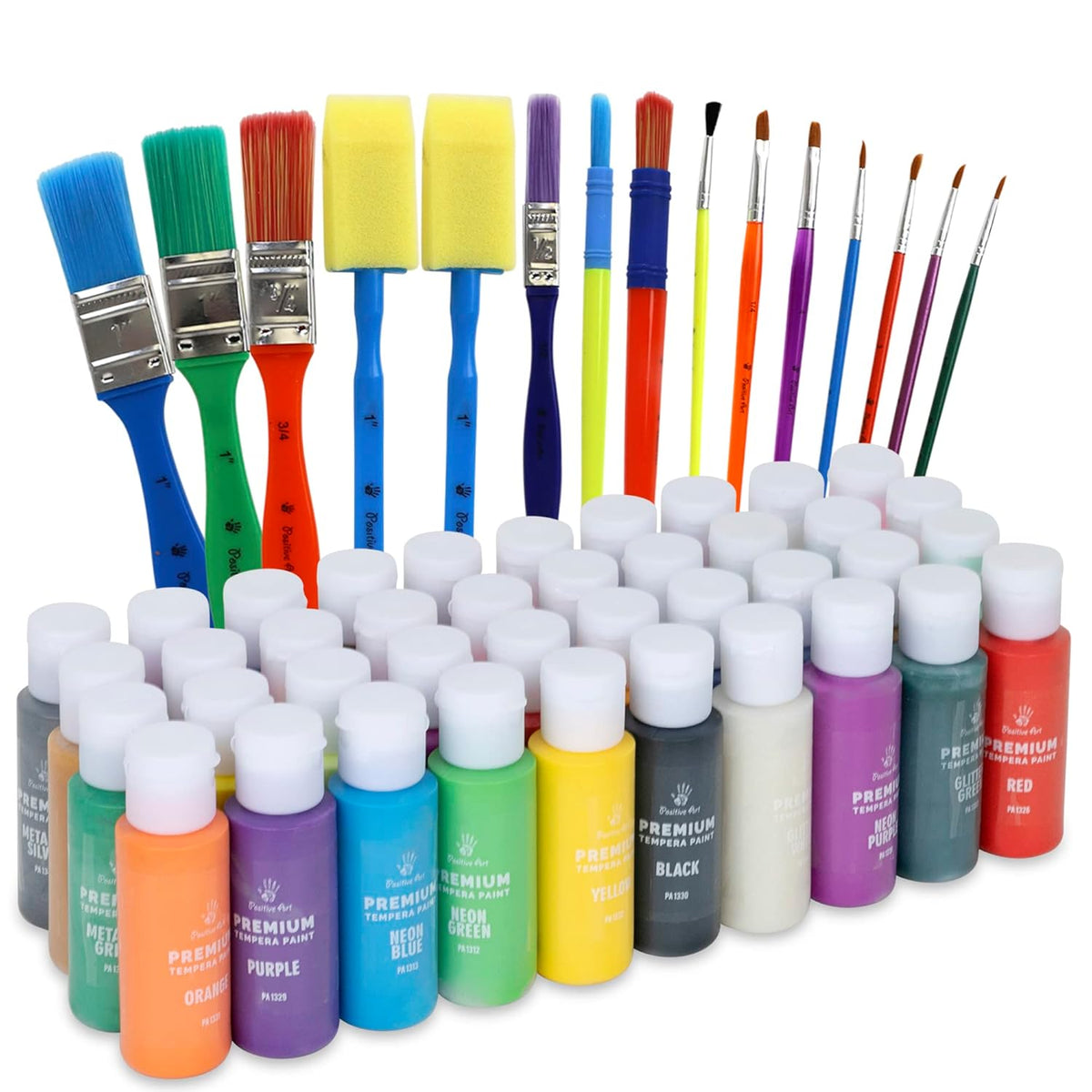 Kids Tempera Paint Set | Value Pack Includes 40 Washable Non-Toxic Colorful Paints (2Oz Bottles) & 15 Brushes | Metallic, Neon, Glow In The Dark, Glitter Paints | Paint For Arts & Crafts, Fun Projects