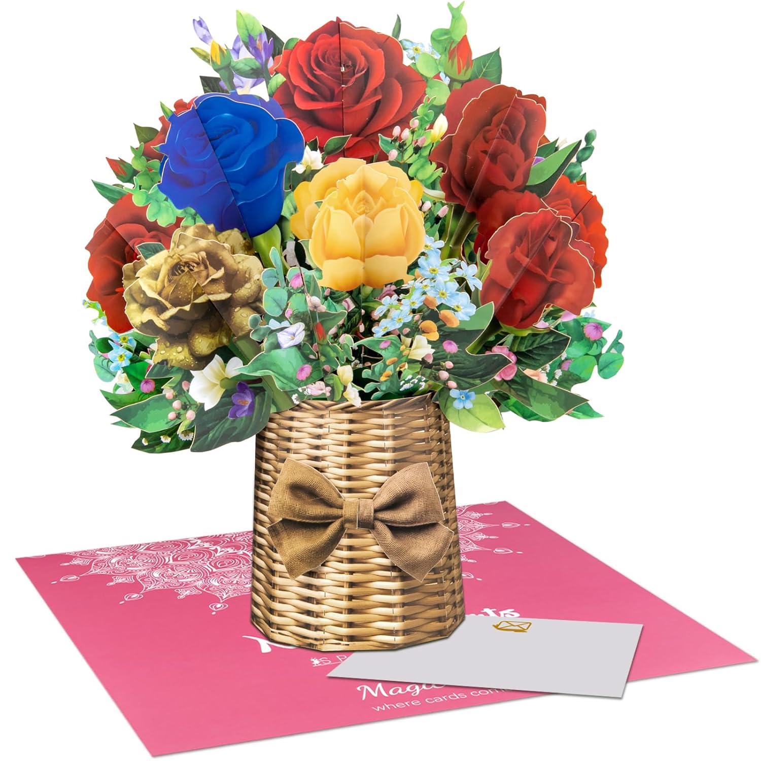 3D Pop Up Card With Red Yellow Blue Roses Bouquet For Birthday Anniversary Valentine'S Day Mother'S Day, Greeting For Mom Sister Granny Aunt Bestie Daughter With Envelopes, Blank Note Card