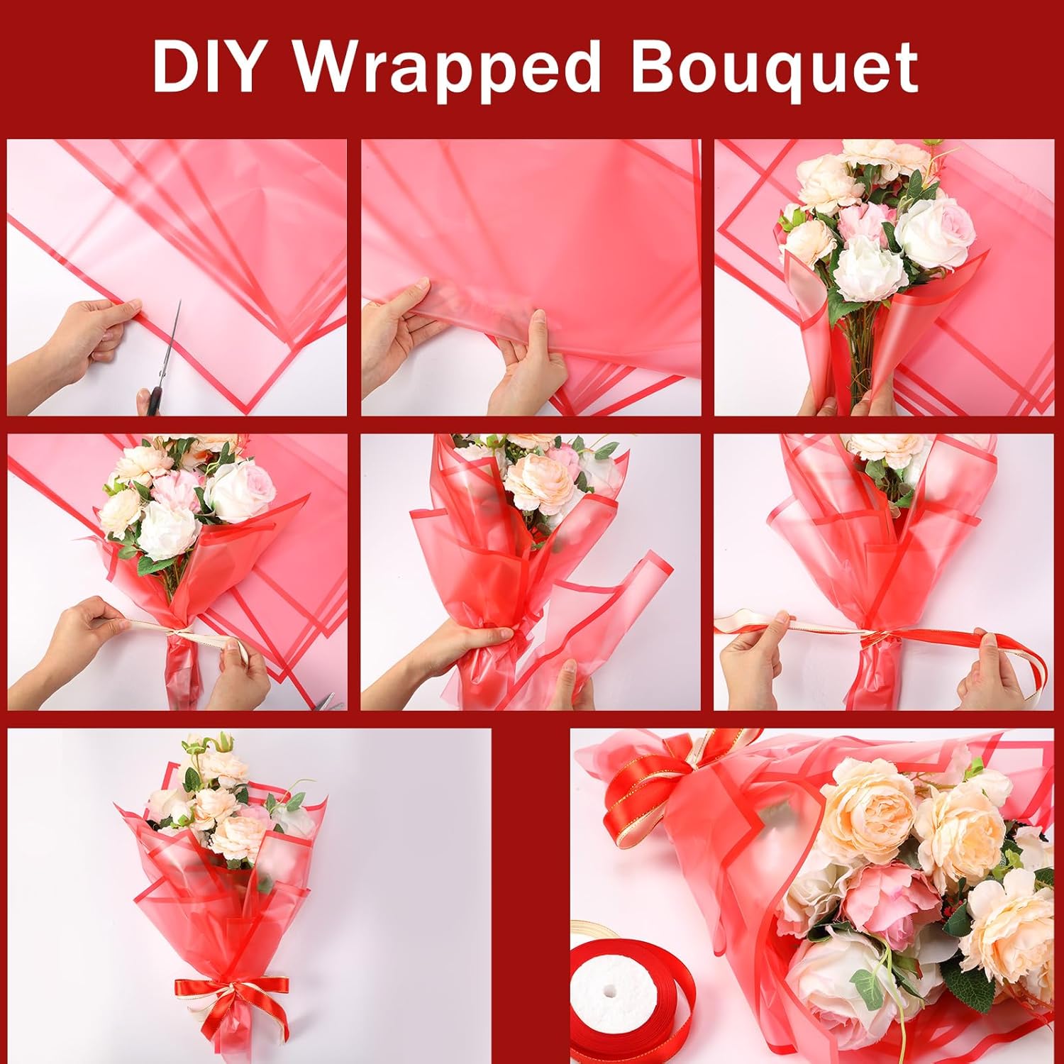 36 Pieces Valentine'S Day Waterproof Flower Wrapping Paper Frosted Bouquet Wrapping Paper And 50 Yards Double Face Satin Ribbon For Romantic Bouquet Supplies(Red)