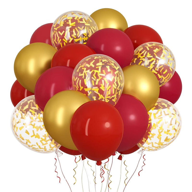 65 Pcs 12 Inches Red And Gold Balloon, Burgundy Party Balloons, Metall