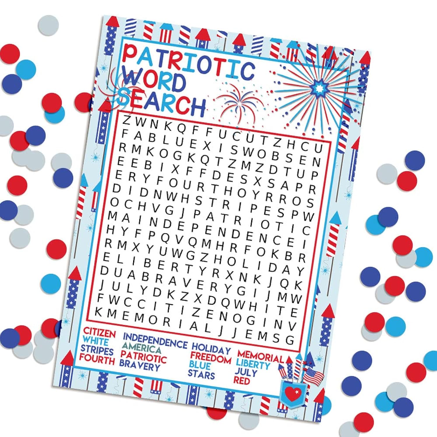 Food, Friends & Fireworks Word Search And Scavenger Hunt Patriotic Game Cards, Ten 5" X 7" Fill-In Game Cards
