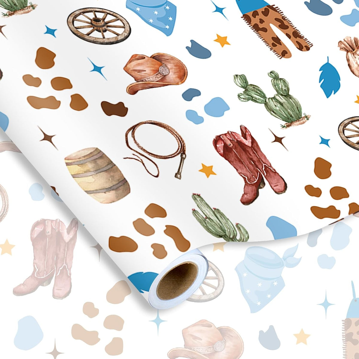 Little Cowboy Wrapping Paper -Mini Roll- 17 Inch X 32.8Ft Blue Brown Cowboy Hat Clothes Cactus Gift Wrap Art Paper For Western Birthday Baby Shower Supplies