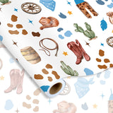 Little Cowboy Wrapping Paper -Mini Roll- 17 Inch X 32.8Ft Blue Brown Cowboy Hat Clothes Cactus Gift Wrap Art Paper For Western Birthday Baby Shower Supplies
