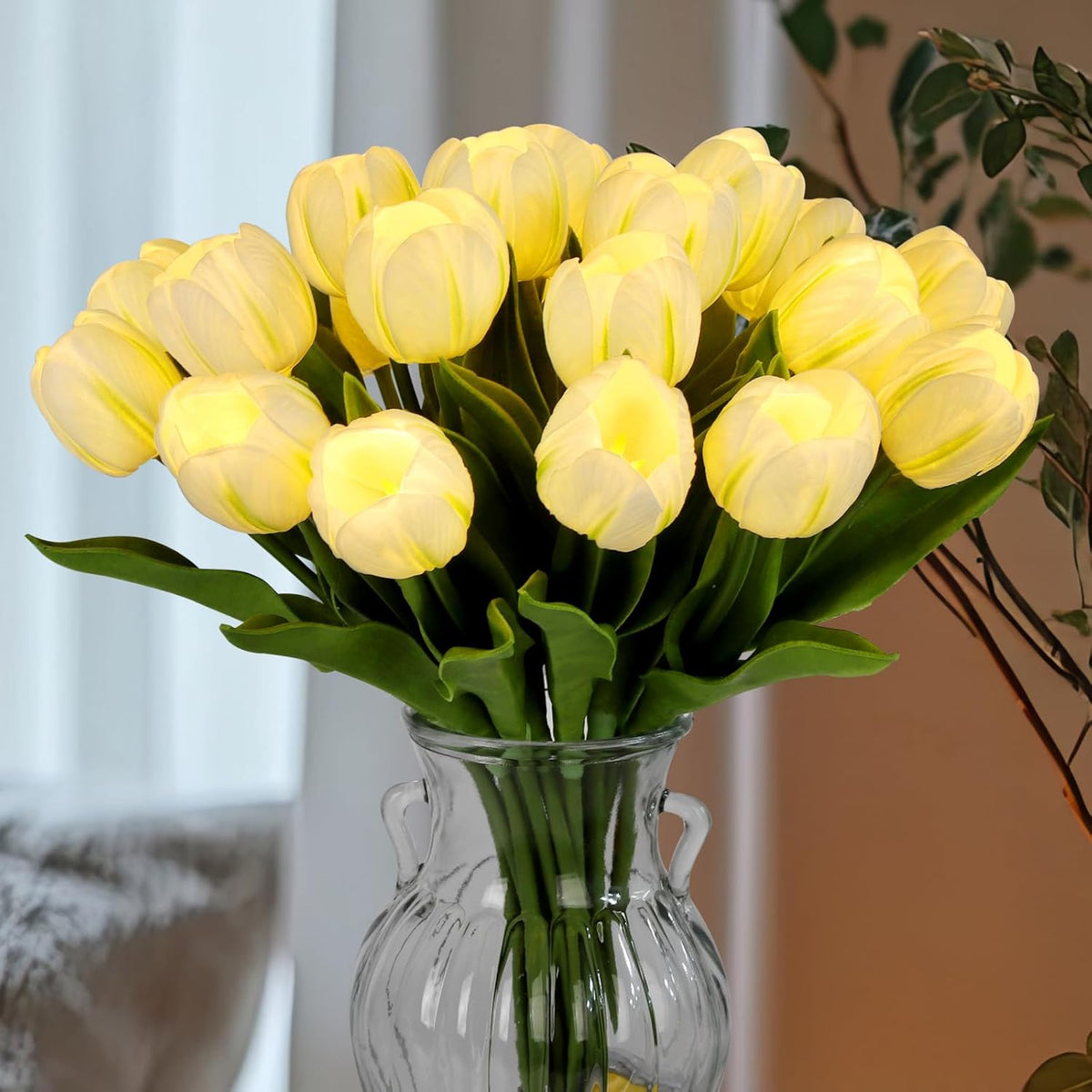 20Pcs Led Lighted Artificial Flowers Tulip Lamp Real Touch Tulips Faux Flower Lights For Valentine'S Day And Easter Home Kitchen Wedding Dining Table Decor(White)