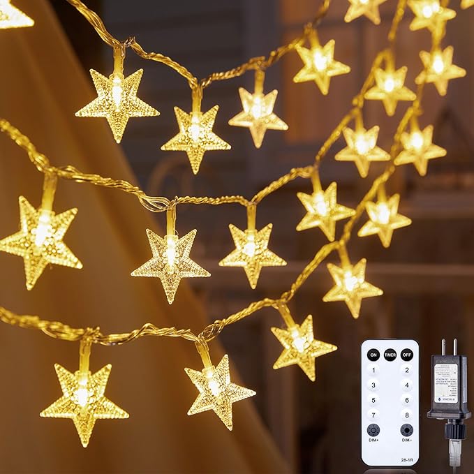 33FT Star String Lights Plug In 100 LED Warm White Fairy Lights with Remote Timer Waterproof for Bedroom Wedding Party Garden Decor