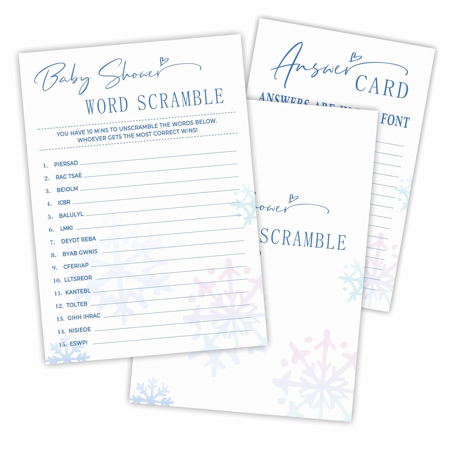 Baby Shower Word Scramble Game Kit, 30 Double Sided Fill-In Winter Snowflakes Cards With Answer Card - Holiday Party Favor & Decorations, Gender Reveal Game & A07