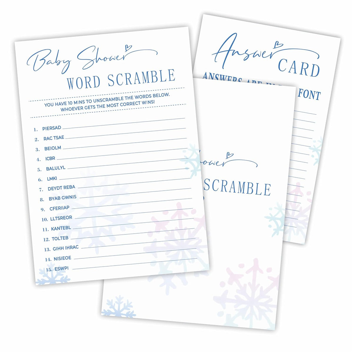 Baby Shower Word Scramble Game Kit, 30 Double Sided Fill-In Winter Snowflakes Cards With Answer Card - Holiday Party Favor & Decorations, Gender Reveal Game & A07