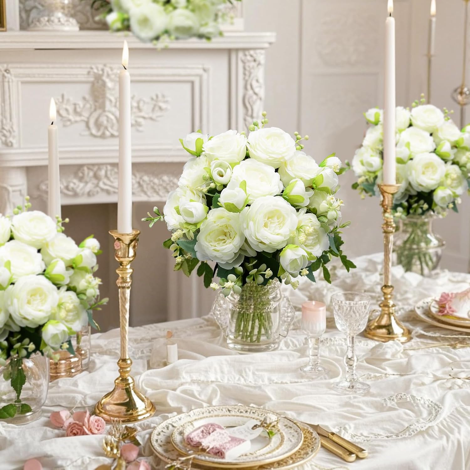 2 Pack Artificial Flowers Bouquet, 10 Pcs Austin Roses Silk Flowers Heads, Fake Peonies Flower For Home Decor Table Centerpieces Wedding Bridal Bouquet Mother'S Day Valentine'S Day, White