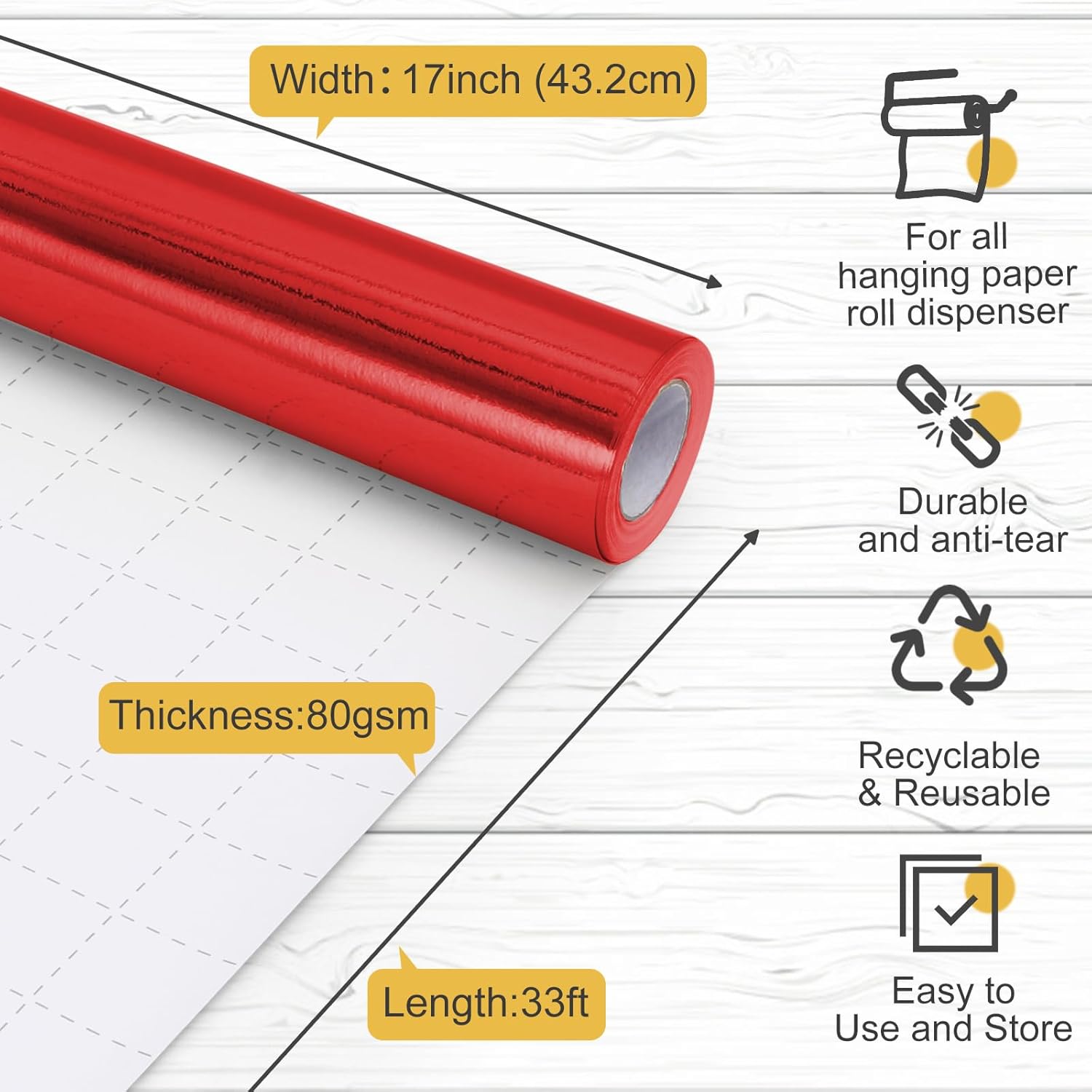 Red Metallic Wrapping Paper, 17Inch X 33Ft Solid Color Lustre Paper, Red Gift Wrapping Paper Roll With Grid Cutting Lines For Christmas, Mothers Day, Wedding, Bridal Shower, Valentines Day, Birthday