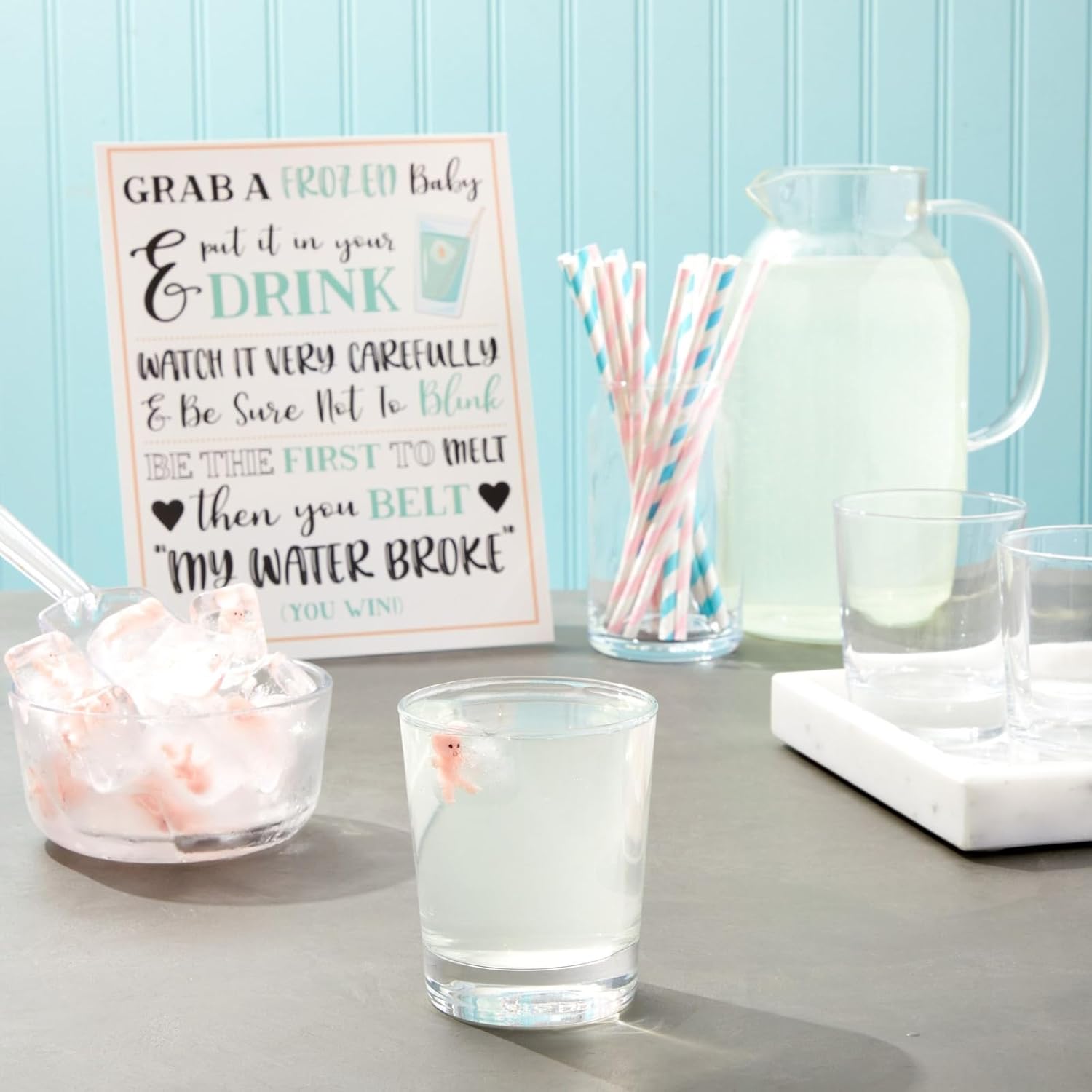 Baby Shower Games Kit - 60 White Tiny Plastic Babies, 3 Ice Cube Trays - My Water Broke Ice Cube Challenge & Shower Activity Supplies
