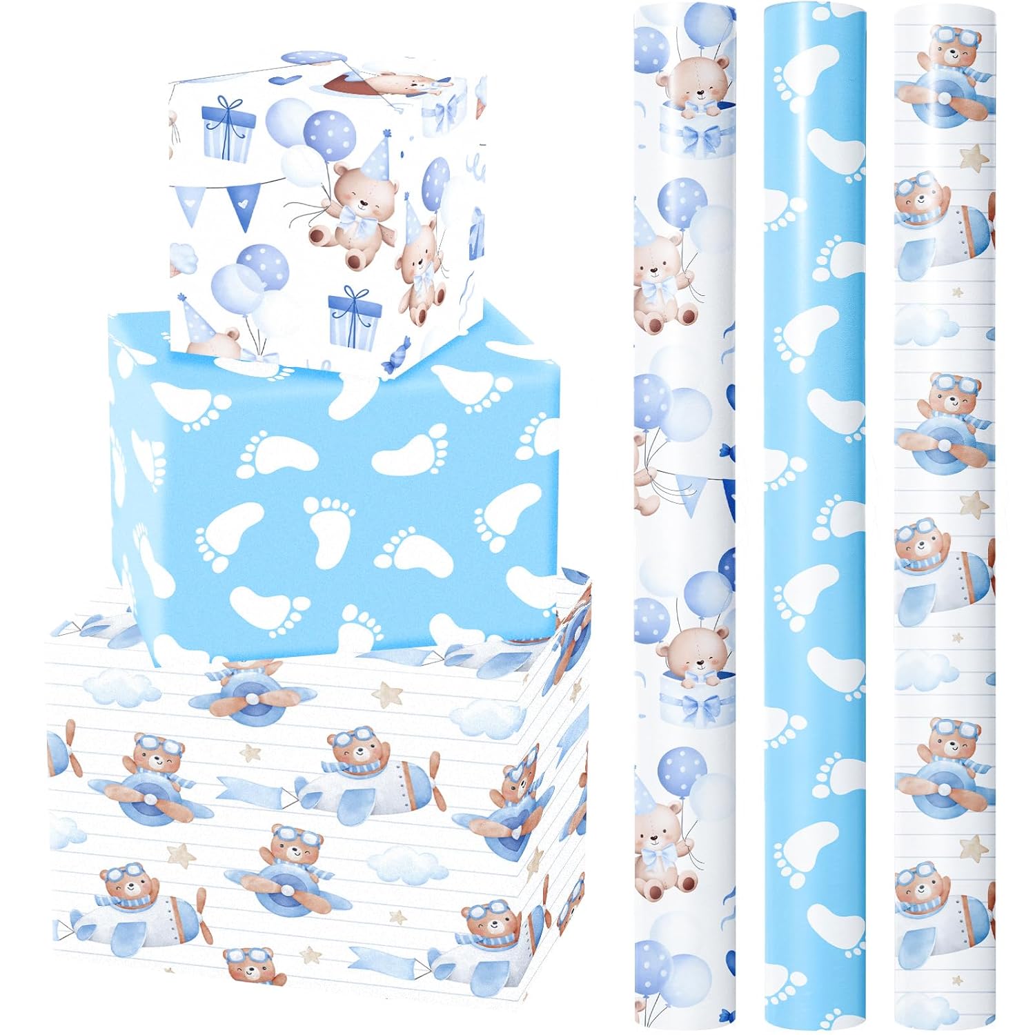 Bear Baby Shower Wrapping Paper - Mini Roll - 3 Rolls - 17 Inch X 120 Inch - Adventure Bear In Airplane And Party Design For Baby Shower, Boy Birthday