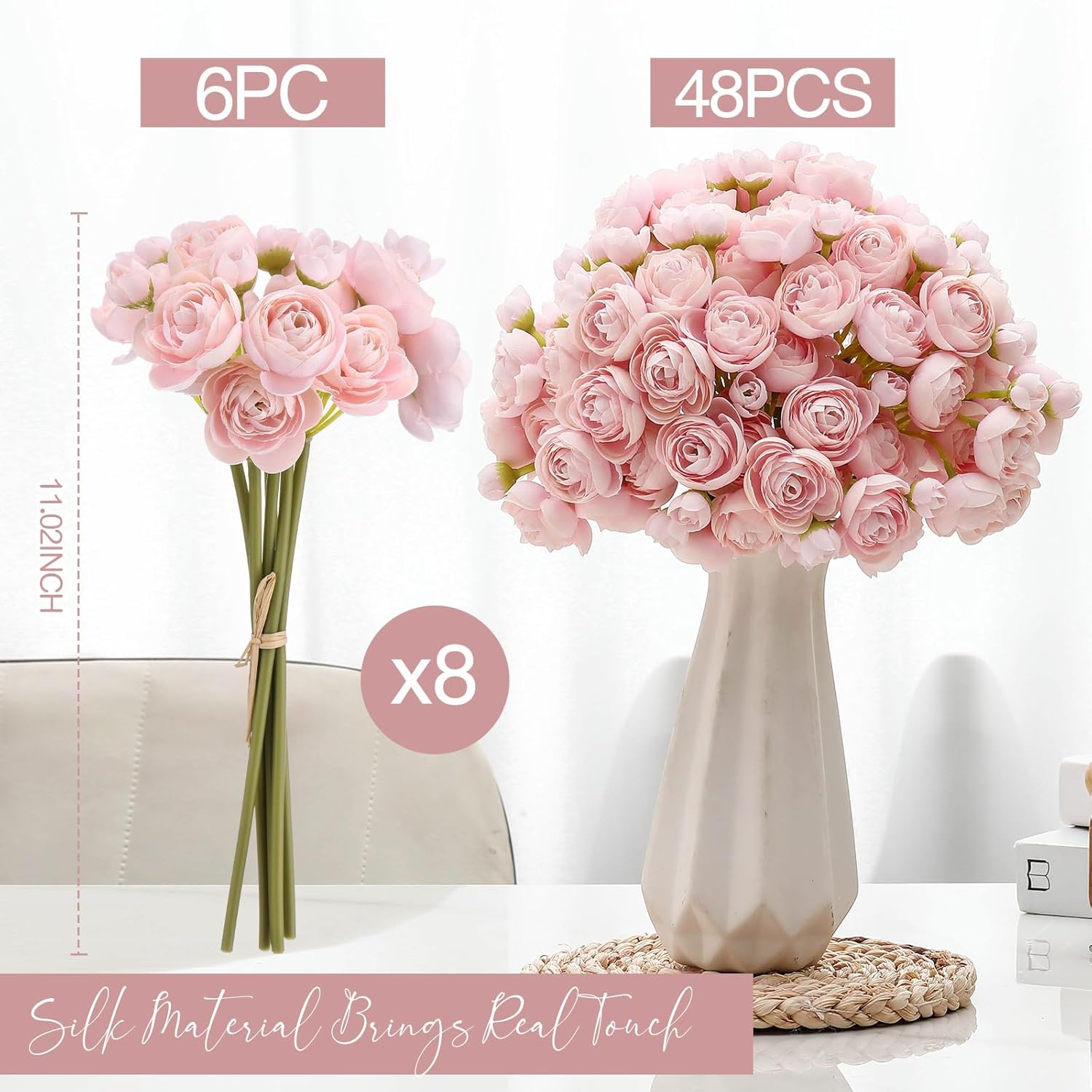 48 Pcs Ranunculus Artificial Flower,Real Touch Peonies Artificial Flower Silk Faux Diy Bouquet For Wedding Bridal Shower Valentine Centerpieces Arrangements Home Decorations (Pink)