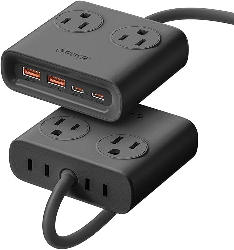 25W GaN Power Strip 4 Outlets 4 USB Ports 2 USB C 5FT Flat Plug Charging Station Black
