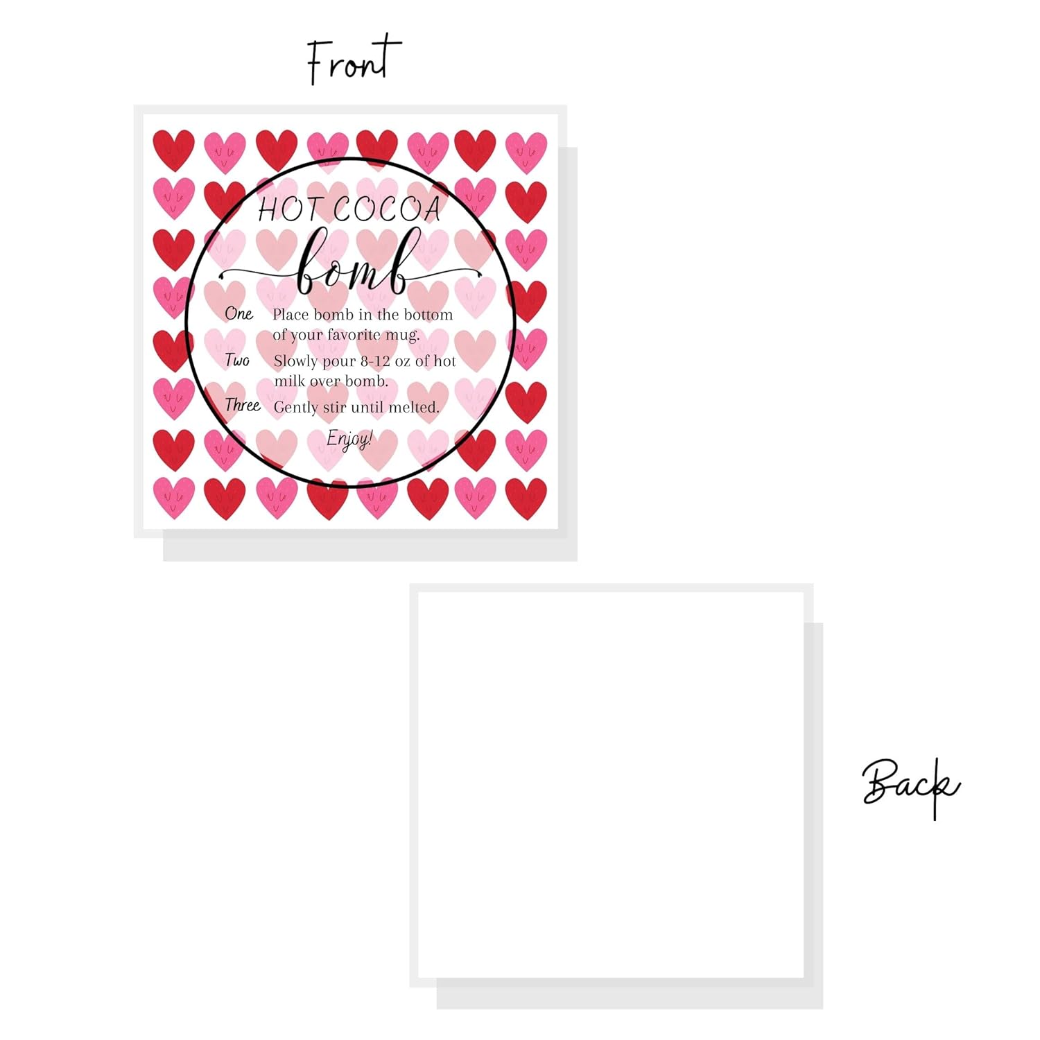 Hot Cocoa Bomb Instruction Cards | 30 Pack | Hot Cocoa Bomb Supplies | White Card With Valentine Design (Square With Hearts)