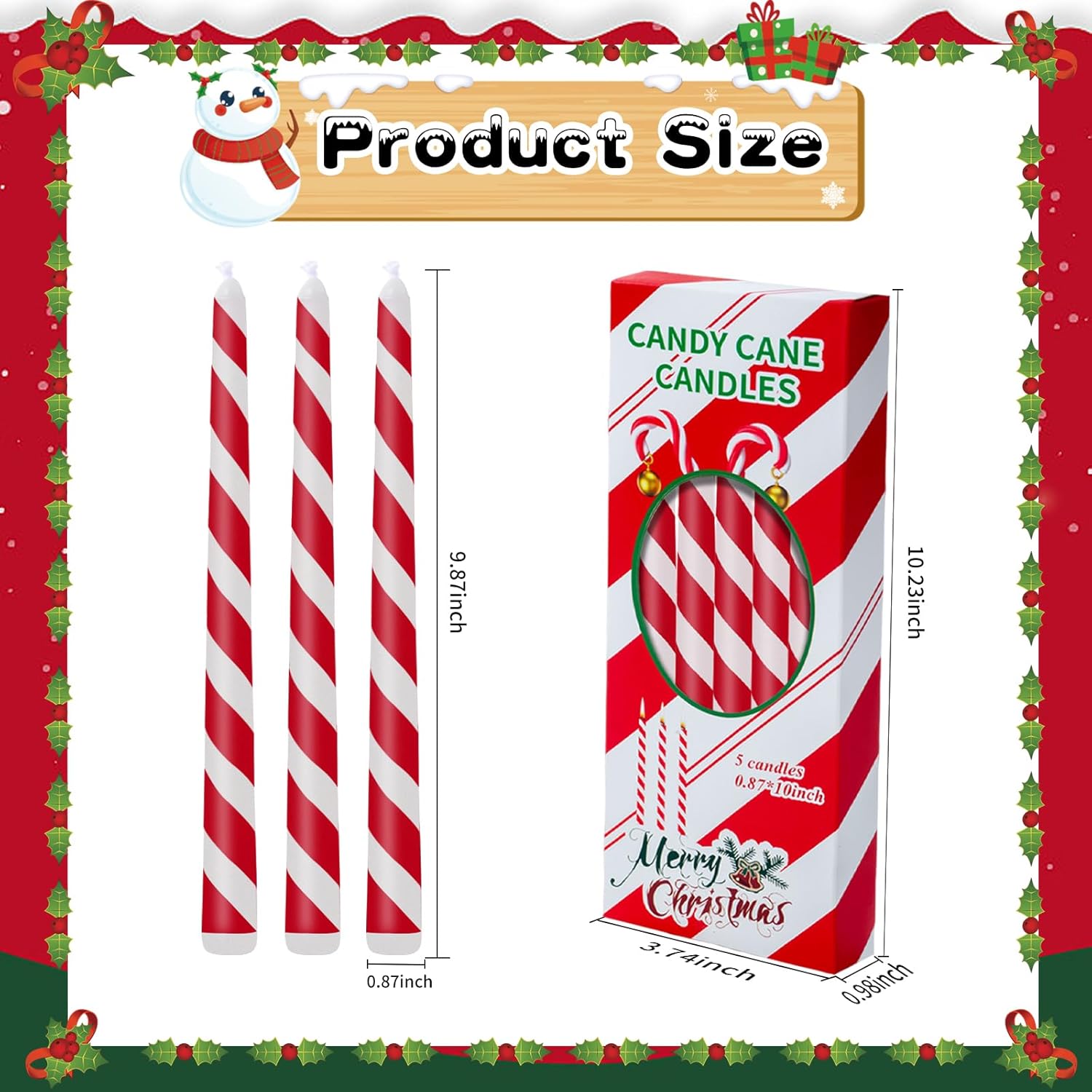 5 Pcs Christmas Taper Candles,10Inch Tall Candy Cane Red And White Stripe Candles Advent Candles Set Of 5 Dripless Advent Wreath Candle For Xmas Party Home Decor (Red White)