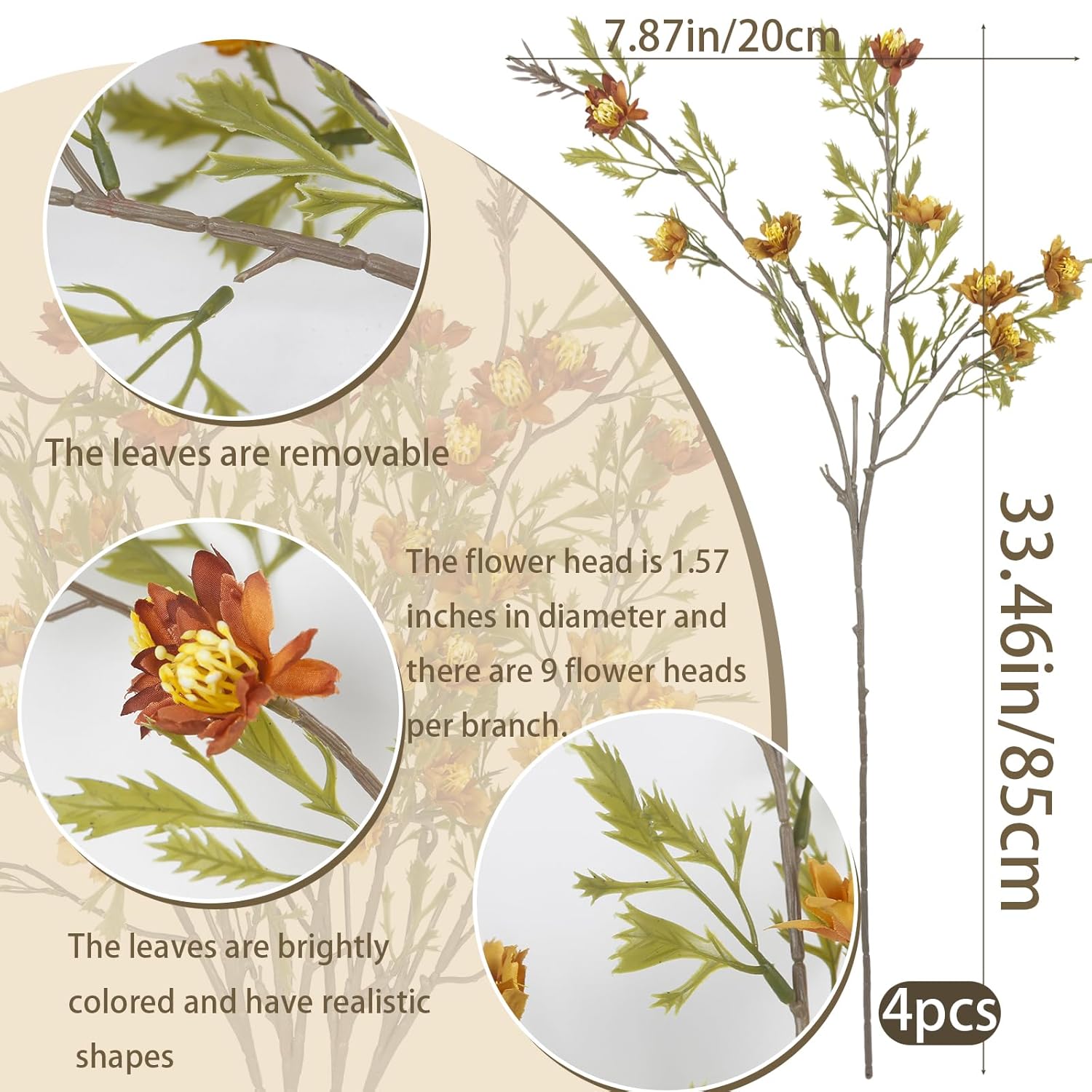4Pcs Artificial Fall Flowers Daisy Flowers Wildflower Stems 33.5" Autumn Floral Arrangements Fake Fall Branches For Vase Farmhouse Indoor Home Decor Table Centerpieces Thanksgiving Harvest