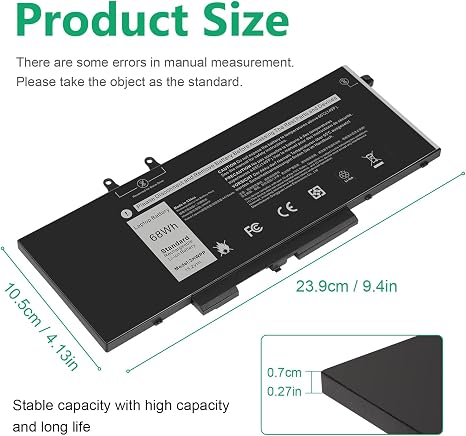 Dell 3HWPP 10X1J 68Wh Laptop Battery Replacement for Latitude 5401 5511 Precision 3550