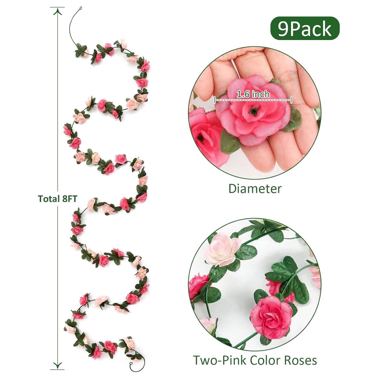 9 Pack 72 Ft Artificial Flower Garland, Fake Pink Roses Vines Silk Flowers Faux Plastic Outdoor Hanging Floral Ivy Garland Decorations For Wedding Arch Bedroom Home Wall Backdrop Room Decor
