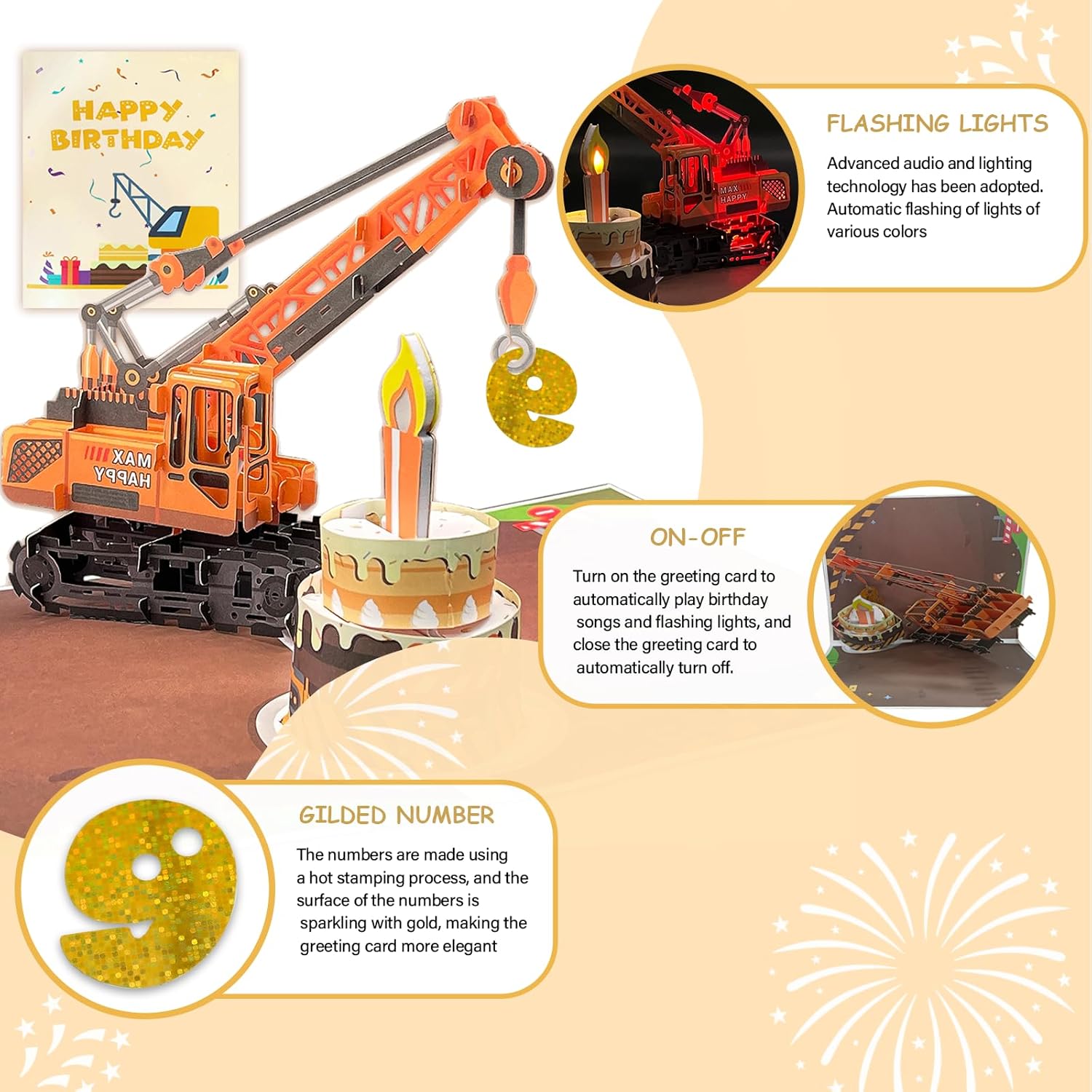 3D Greeting Pop Up 9Th Birthday Card With Light And Music, Crane Truck Card For Boy, Nephew, Grandson, Son, Toddler, With Envelope, Message Card - Open It Play: Plays Hit Song 'Happy Birthday'
