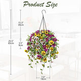 Artificial Hanging Basket Flowers Outdoor – 25.5” Uv-Resistant Pansy Hanging Plant With 15.3” Full Bloom Ball, Lush Trailing Faux Flowers For Porch, Balcony, Patio & Garden Year-Round Decor
