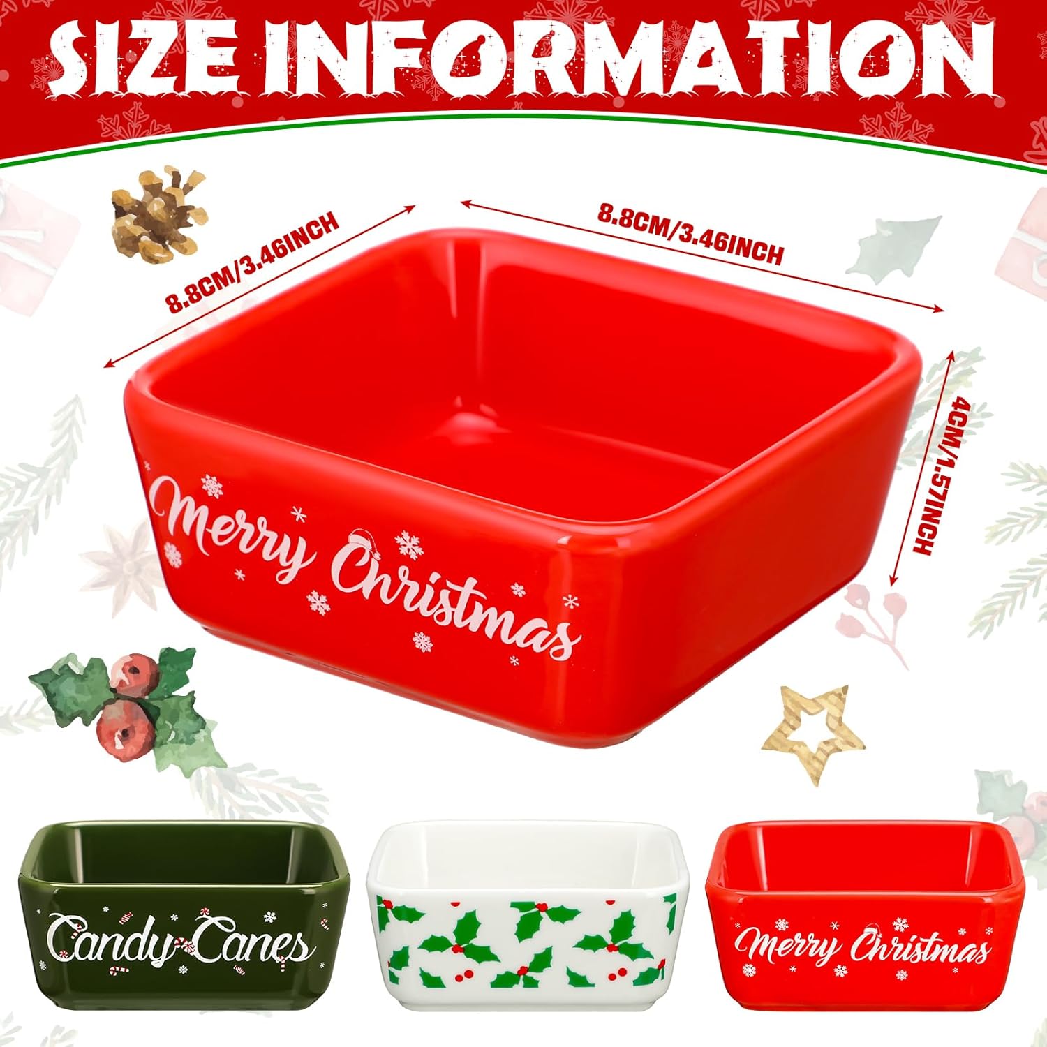 3 Pcs Christmas Sugar Candy Bowl Small Ceramic Bowl Merry Xmas Candy Cane Dish Snowflake Candy Snack Dish For Winter Holiday Party Farmhouse Home Table Tiered Tray Decoration Housewarming Gift