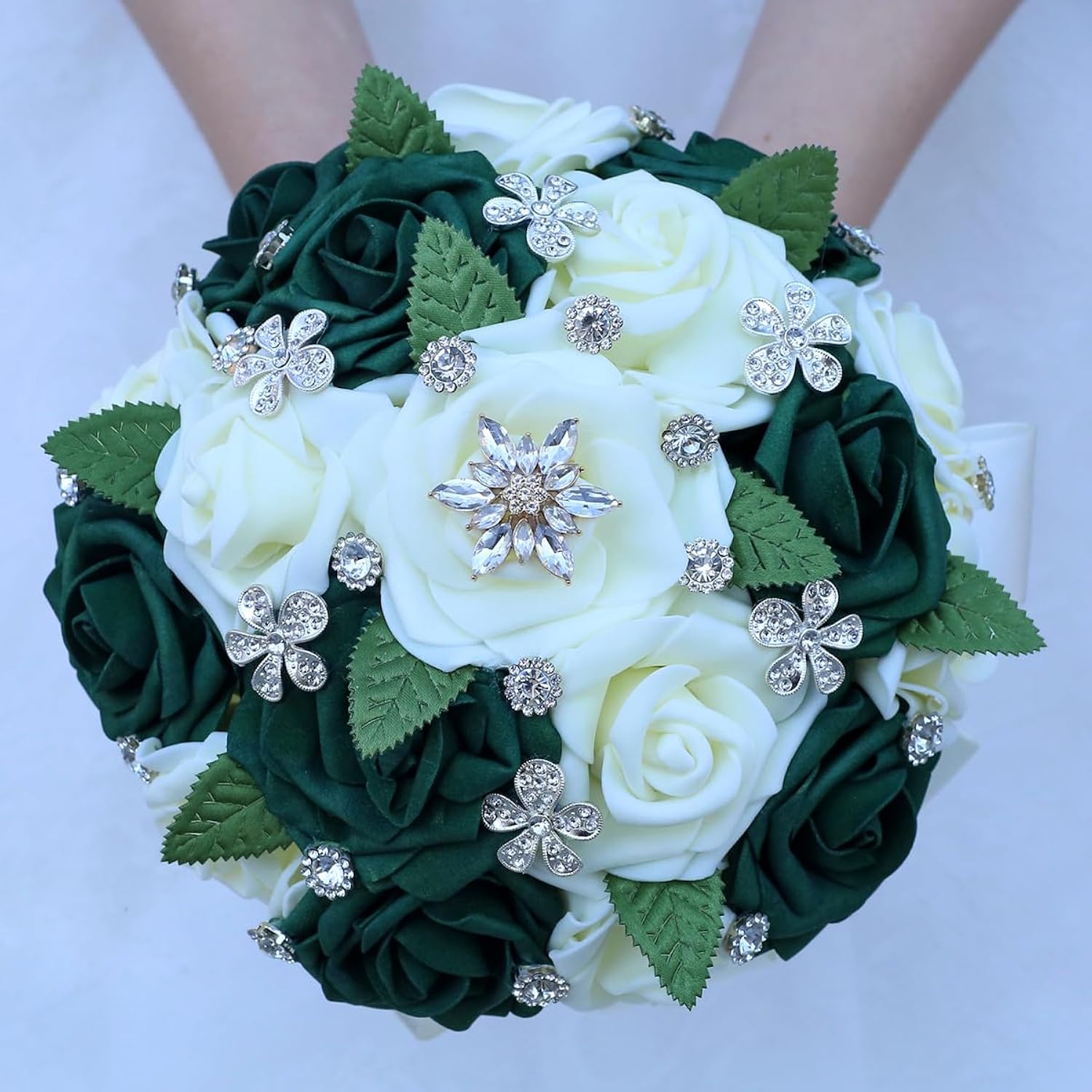 Lightweight Bridal Wedding Bouquet Round Holding Bouquet Throw Toss Artificial Rose Flower Bunch For Bride Bridesmaid Wedding Quinceanera (Cream & Dark Green, 7.9")