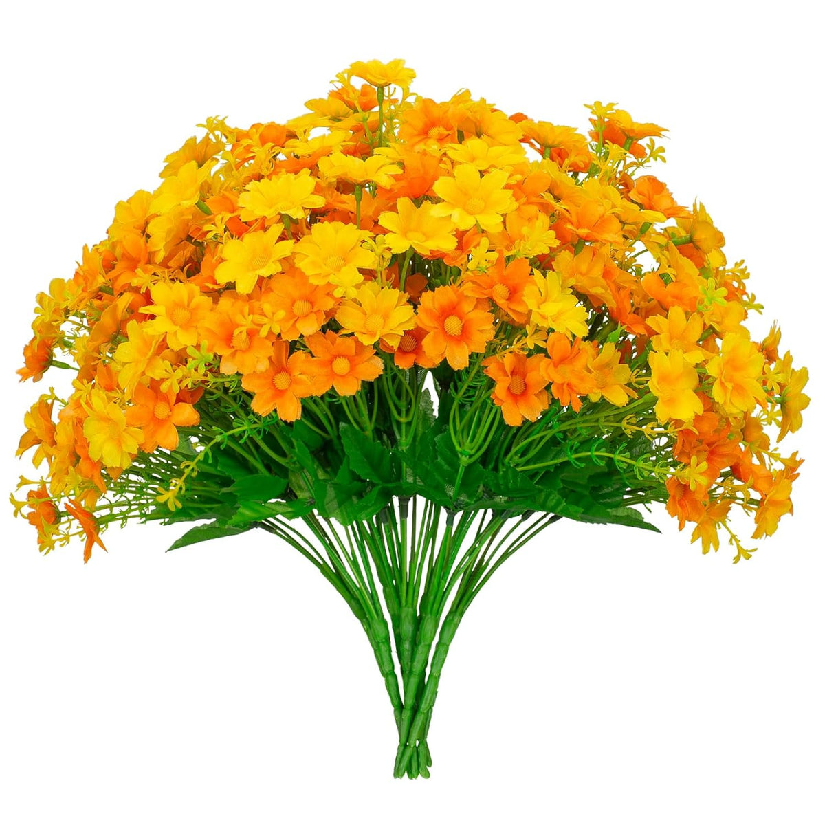 Artificial Daisy 8 Bundles Mums Flowers Outdoor Uv Resistant Plants Fake Silk Flowers No Fade Greenery Shrubs Home Wedding Office Garden Porch Décor(Orange+Yellow)