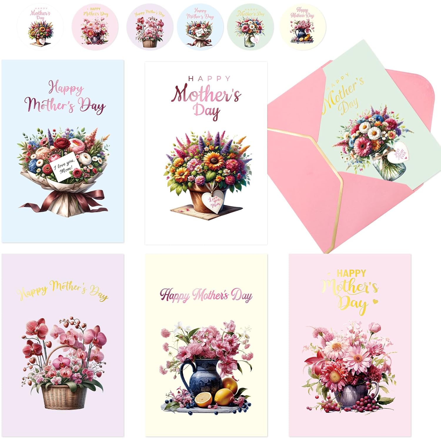 Happy Mothers Day Cards Bulk Mother'S Day Cards Pack With Envelopes And Stickers 24Pcs Message Inside 4 X 6 Inch From Daughter Son For Mom Flowers Floral Design