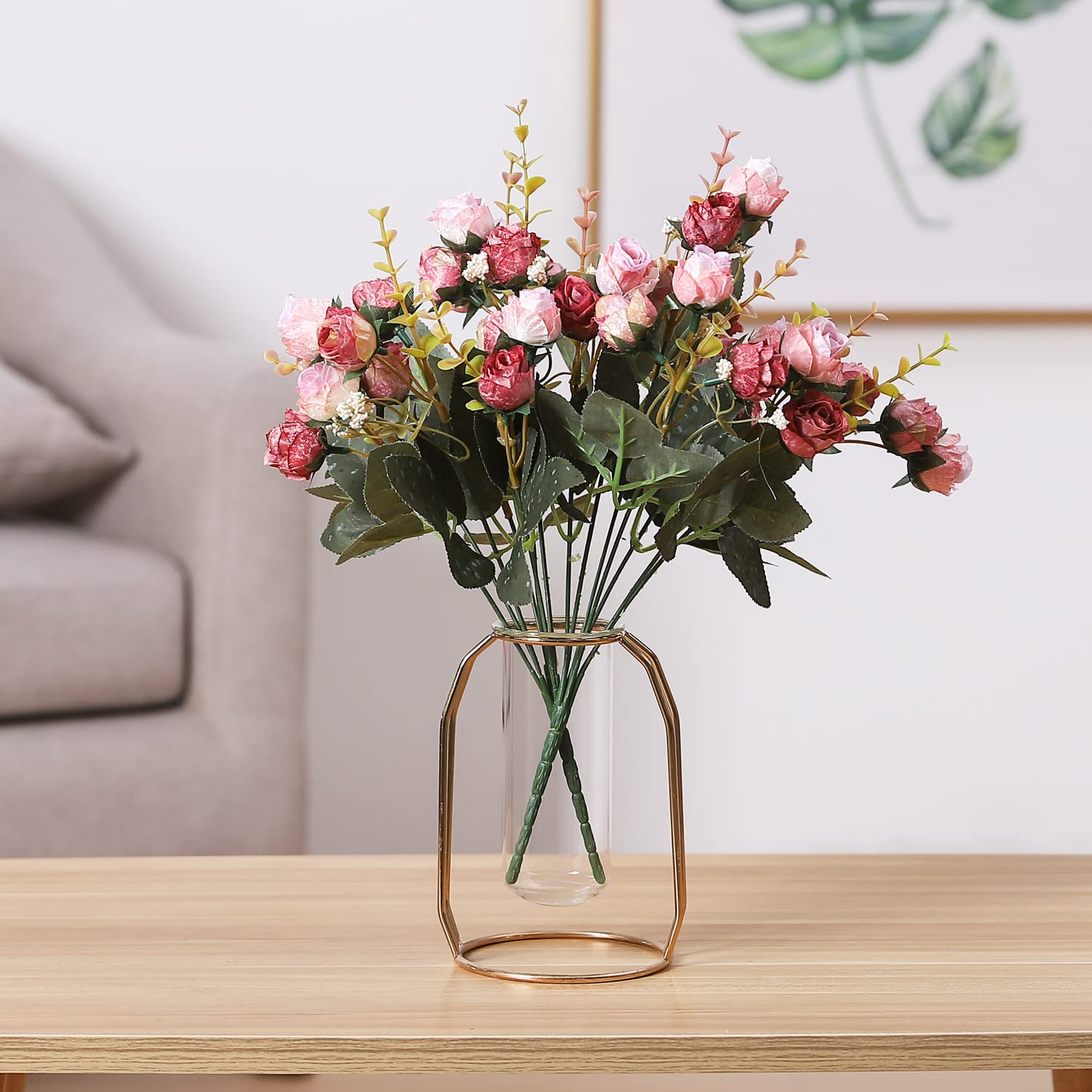 7 Branch 21 Mini Rose Heads Artificial Flowers Bouquet Wedding Home Office Decor,Pack Of 2 (2 Pcs Pink)
