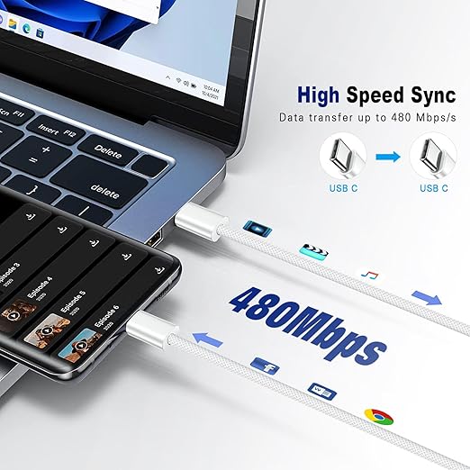 2 Pack USB C to USB C Fast Charging Cable 60W 3FT Woven Type C Charger for iPhone 17 16 15 iPad MacBook Samsung
