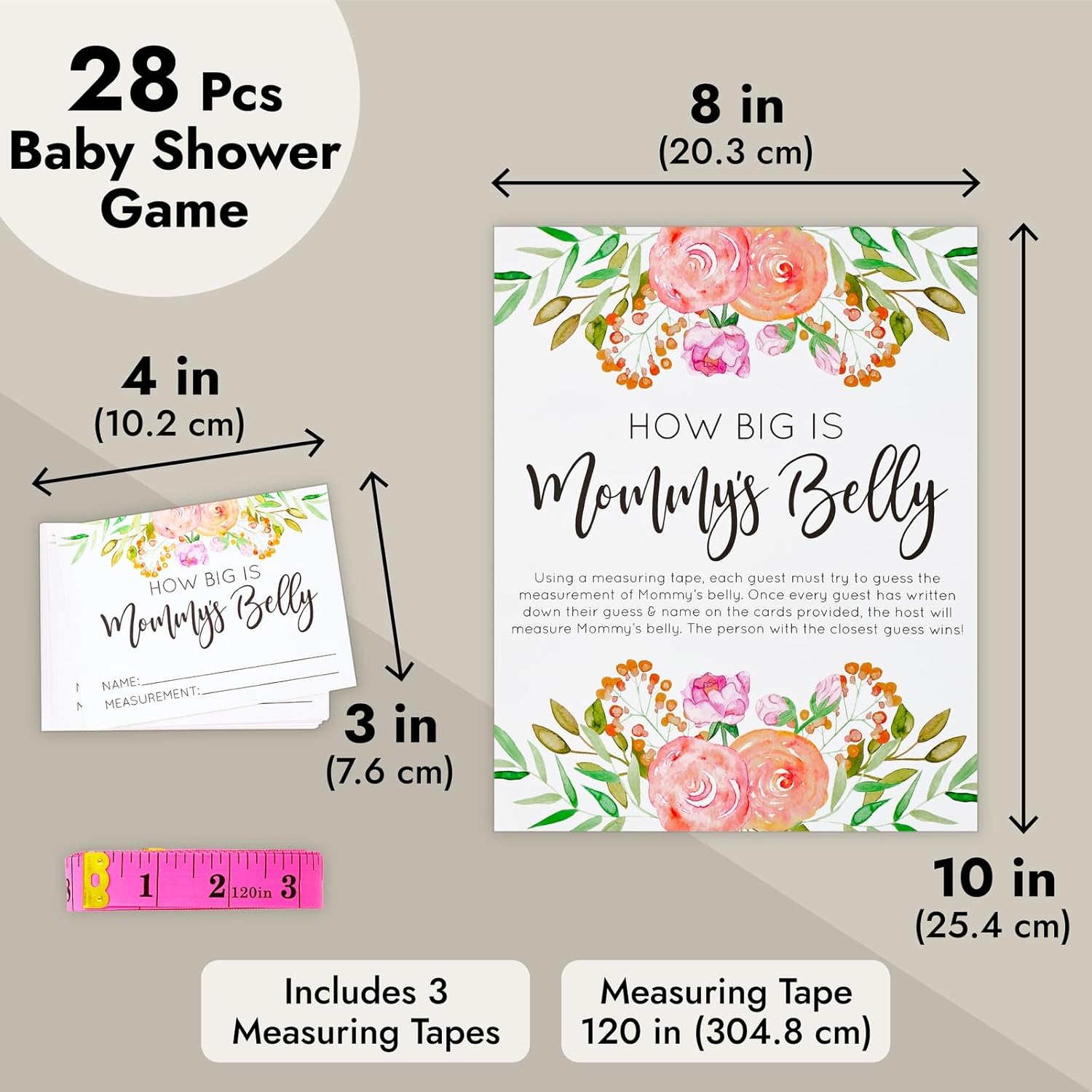 Baby Shower Tape Measure Game - Pink 28-Piece Set - 24 Guess Cards, 3 Measuring Tapes & Sign - How Big Is Mommy'S Belly Activity For Baby Shower Games