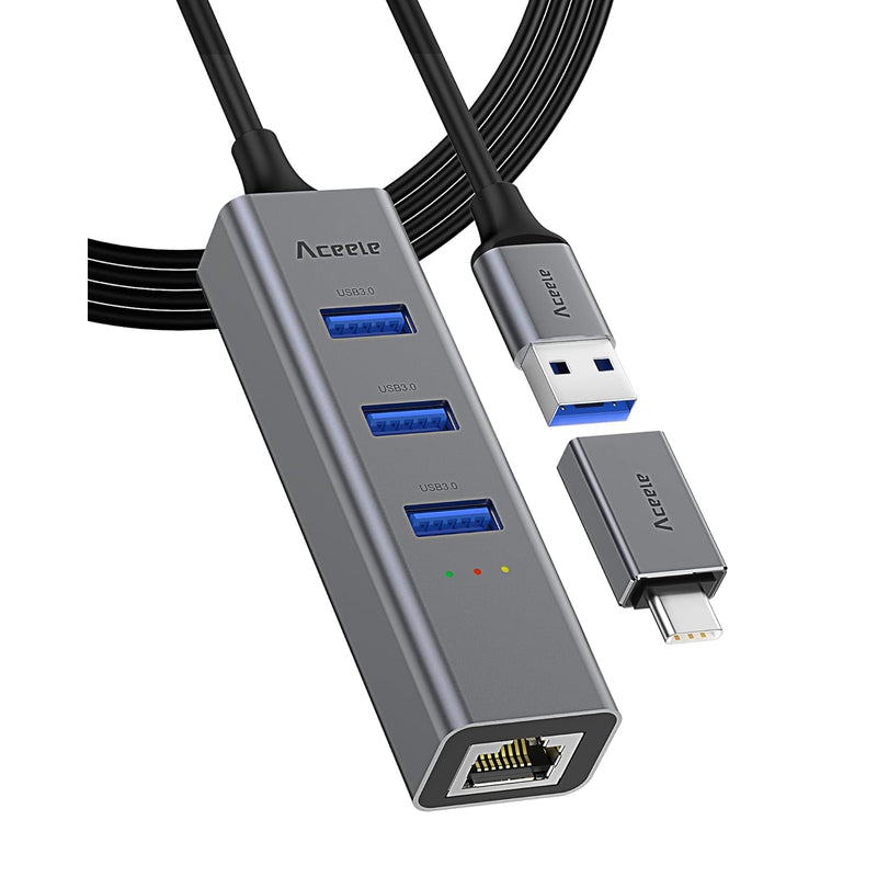 Usb And Usb C To Ethernet Adapter, 3.3Ft Long Cord,Aluminum 3 Ports Usb 3.0 Hu