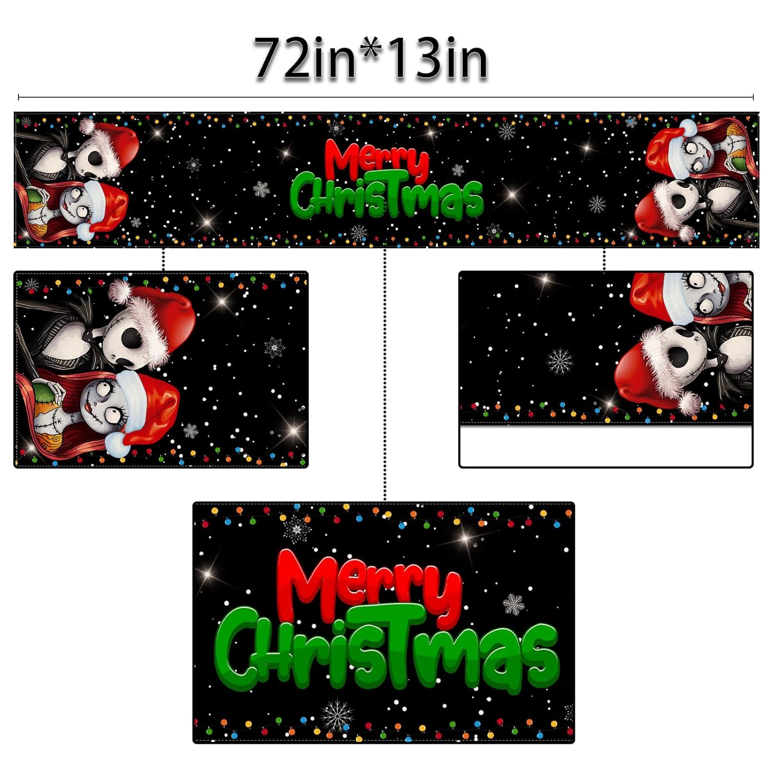 Merry Christmas Table Runner Jack Skellington And Sally Birthday Party Decoration Home Kitchen Dining Room Deocr (Black, 13" X 72")