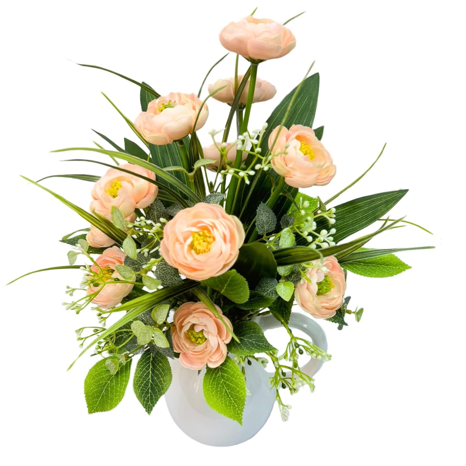 Spring Summer Floral Arrangement Centerpiece Artificial Roses Ranunculus Flowers Ceramic Vase Flower Arrangement For Home Decoration Dining Table Centerpiece