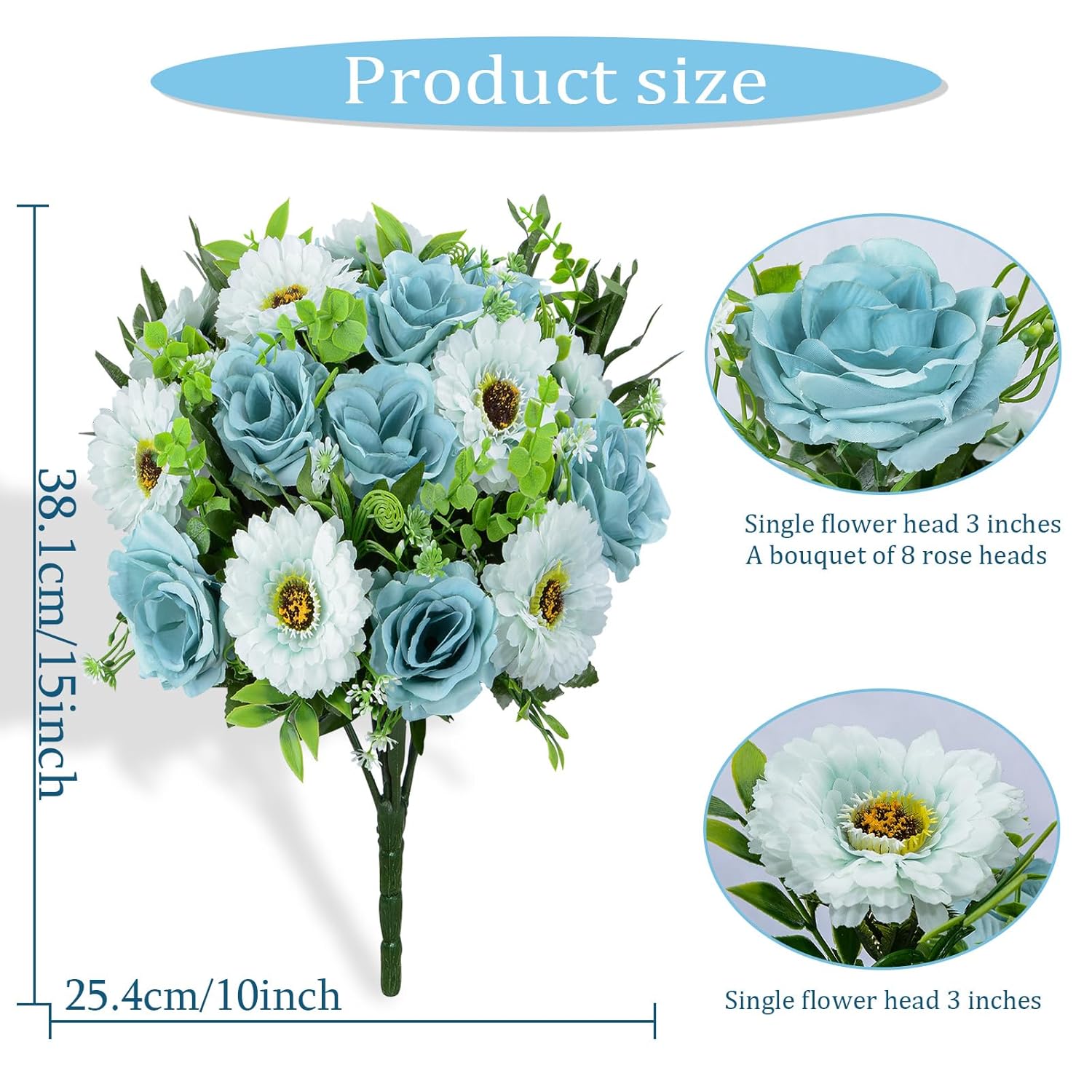 Artificial Cemetery Flowers, Artificial Silk Blue Rose Gerbera Flowers Bouquet For Grave Decoration, Set Of 2 Spring Memorial Flowers With Vase